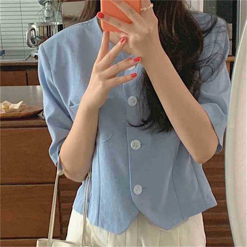 

Minimalist Solid Retro Summer Cotton Linen Short Sleeves Stylish Blazers Femme OL Vintage Slim V-Neck Coats 210525, Black