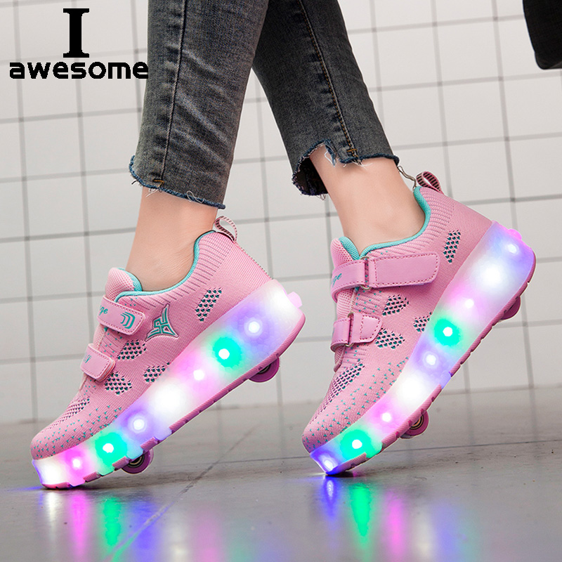 

2021 Roller Skate Shoes for Kids Boys Girls LED Wheels Sneakers with On Double Two Wheels Children Boy Girl Skate Sneakers Shoes, Pinkblue
