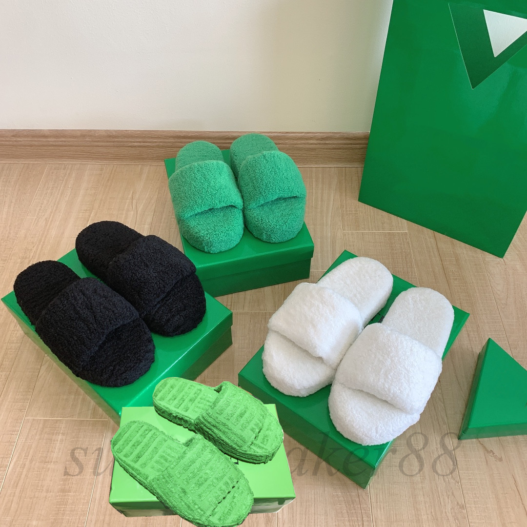 

Women Green Fur Slippers Towel Style Sliders Classics Warm Slipper Fashion Luxurys Designers Loafers Furry Slides Gear Flat Bottom Slide Ladies 35-41, Fur towel slippers