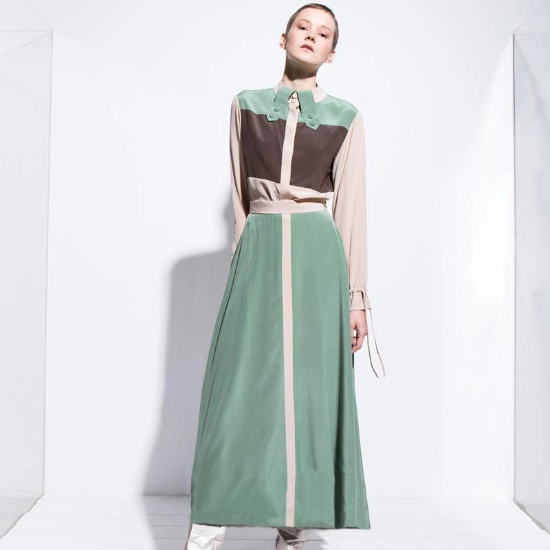 

Splicing Flared Sleeves Long Sleeve Single-Breasted Bow Retro Style Party Shirt Mid-Length Dress Women'S Spring And Summer, Black;gray