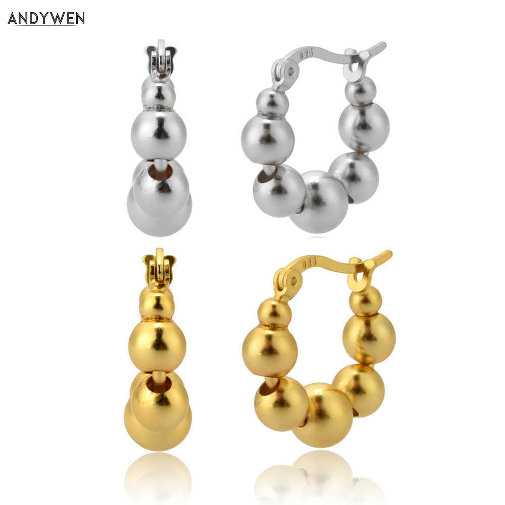 

ANDYWEN 100% 925 Sterling Silver Gold Beads Hoops Women luxury Circle Round Earring Fine Jewelry For Party Piercing 210608