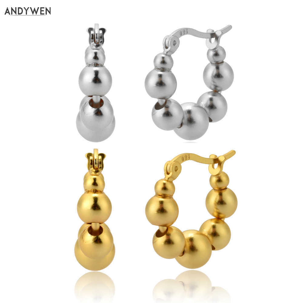 

ANDYWEN 100% 925 Sterling Silver Gold Beads Hoops Women luxury Circle Round Earring Fine Jewelry For Party Piercing 210608