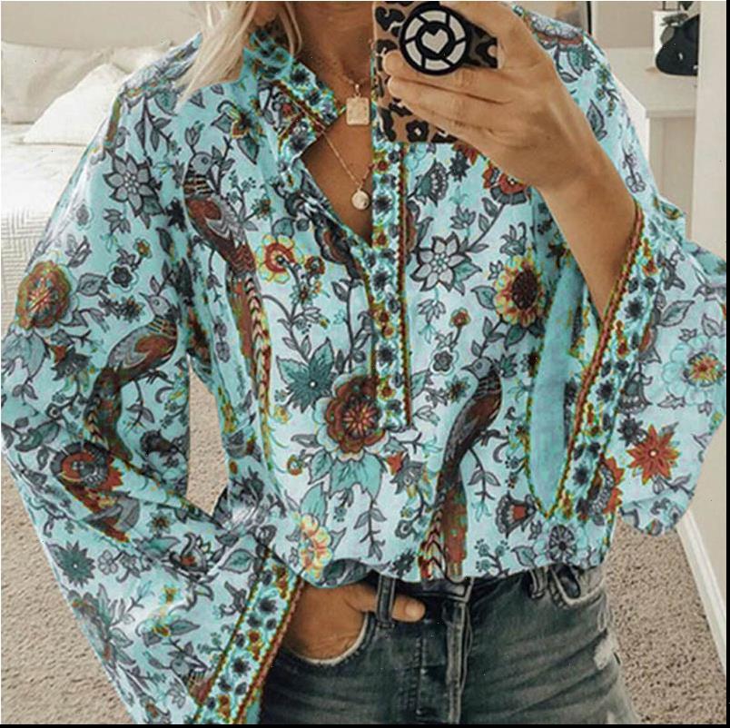 

boho floral print lantern sleeve women blouses lace up tassel o neck spring summer chic 5xl, White