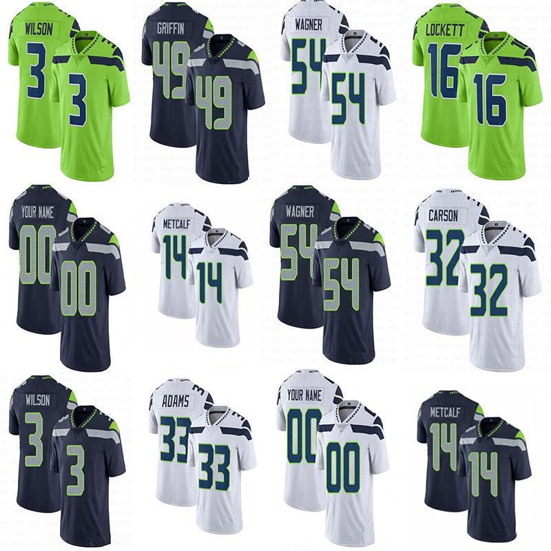 Mens Womens Youth Custom Football jerseys Russell Wilson D.K. Metcalf Shaquem Griffin Chris Carson KJ Wright LJ Collier Michael Dickson Jamal Ada
