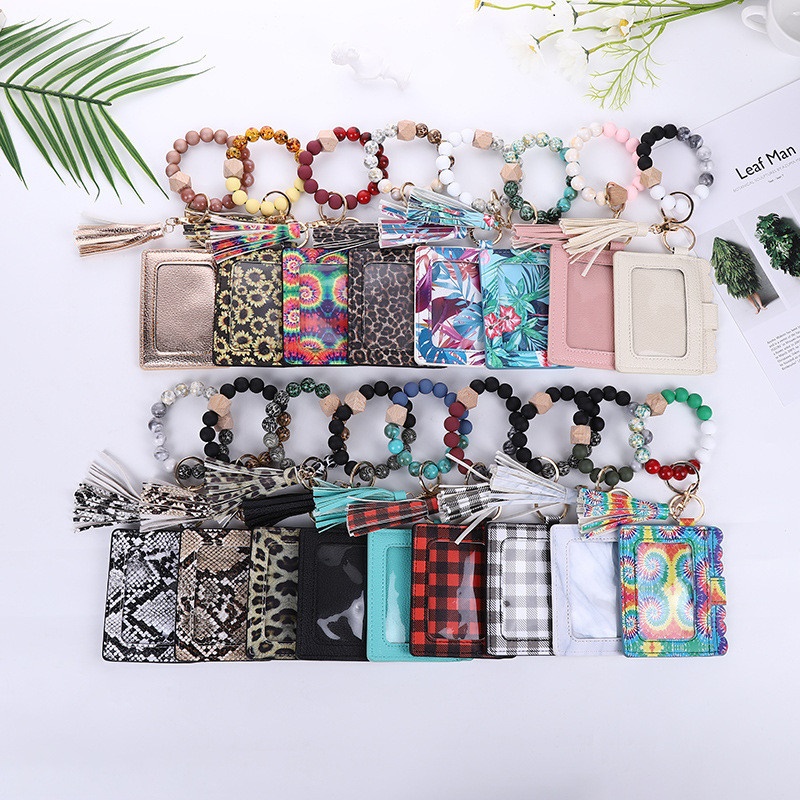 

17 Colors Fashion PU Leather Bracelet Wallet Keychain Tassels Bangle Key Ring Holder Card Bag Silicone Beaded Wristlet Handbag ID Purse Credit Pocket for Women