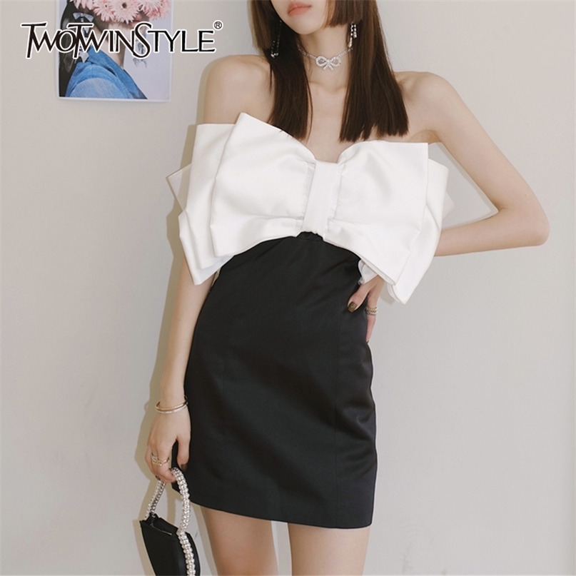 

Sexy Dress For Women Slash Neck Sleeveless Hit Color Patchwork Bowknot Mini Dresses Female Summer Fashion 210520, Pink