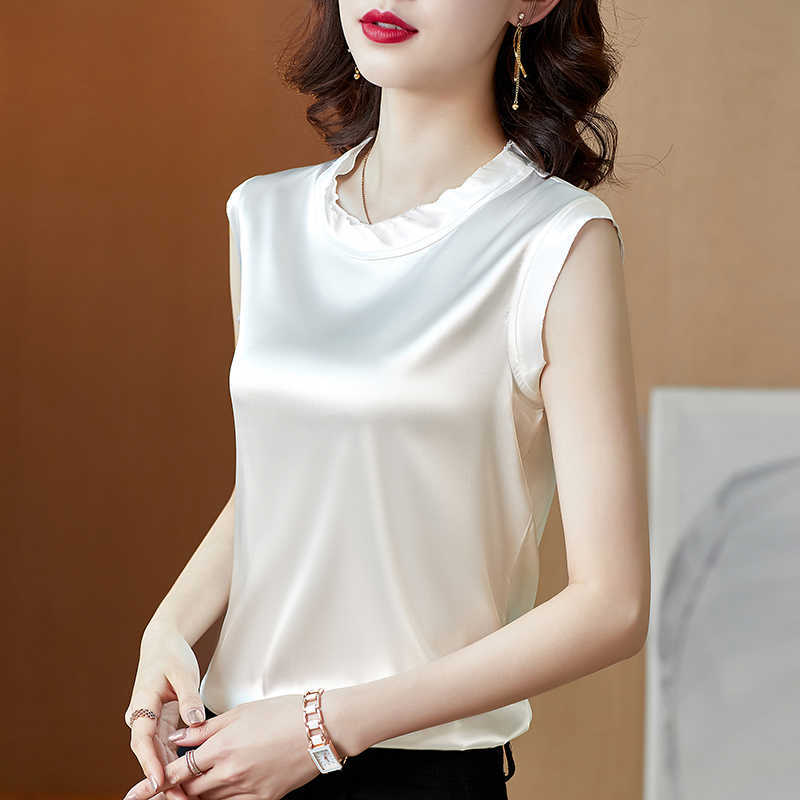 

Korean Fashion Women's Shirt Solid Satin Blouse for Women Sleeveless White O-neck Vintage Top Female s OL 210604, Black