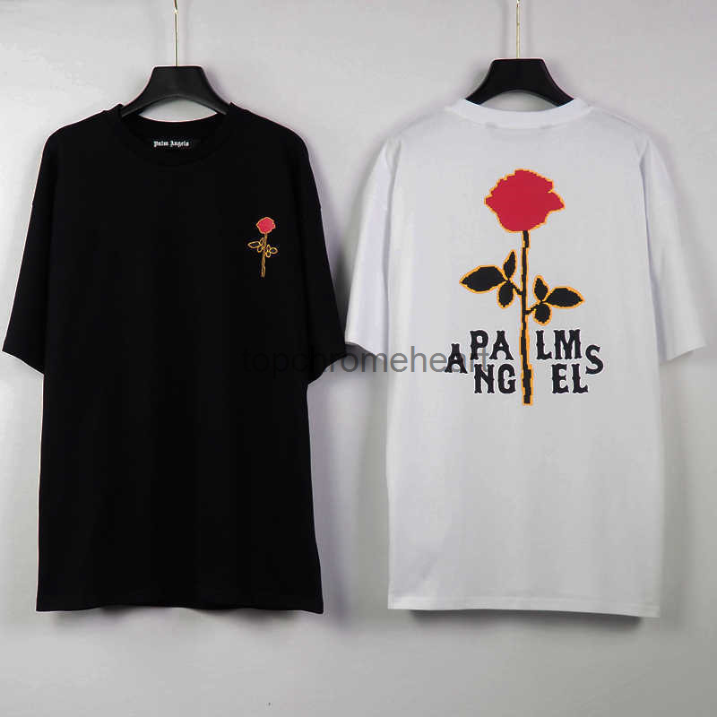 

Palm Palms/angels Rose loose round neck T-shirt high street drop shoulder half sleeve bat short Unisex, White;black