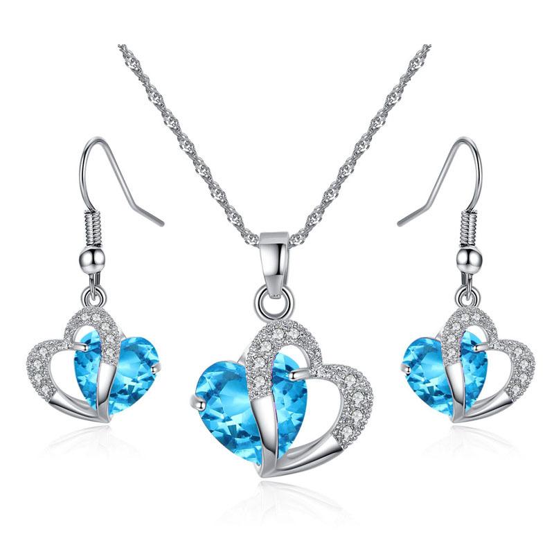 

Pendant Necklaces Selling Blue And Amethyst Zircon Simple Heart Necklace Earring Set Christmas Gifts For Ladies, Silver