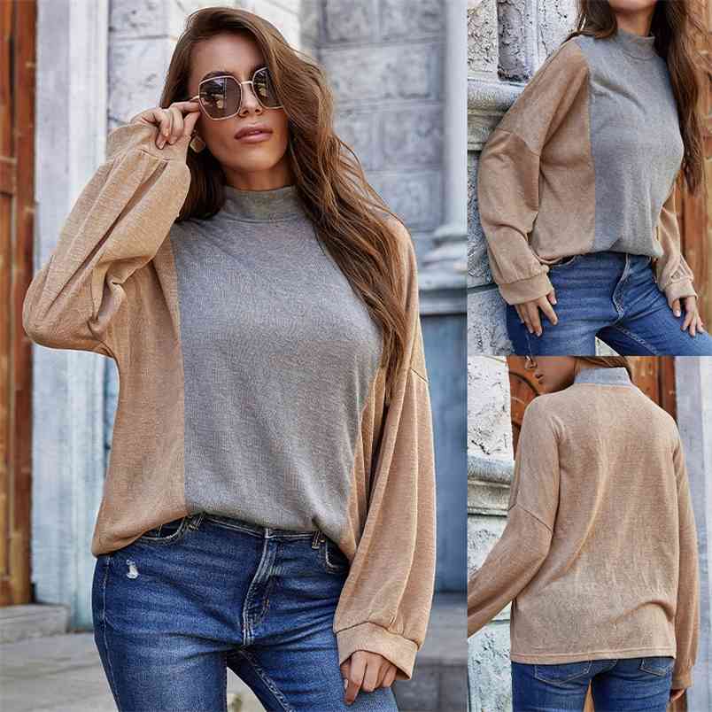 

Fashion All-match Color Matching Round Neck Temperament Women's Bottoming Tops Loose Long-sleeved T-shirt Autumn Tshirts Woman 210517, Almond color