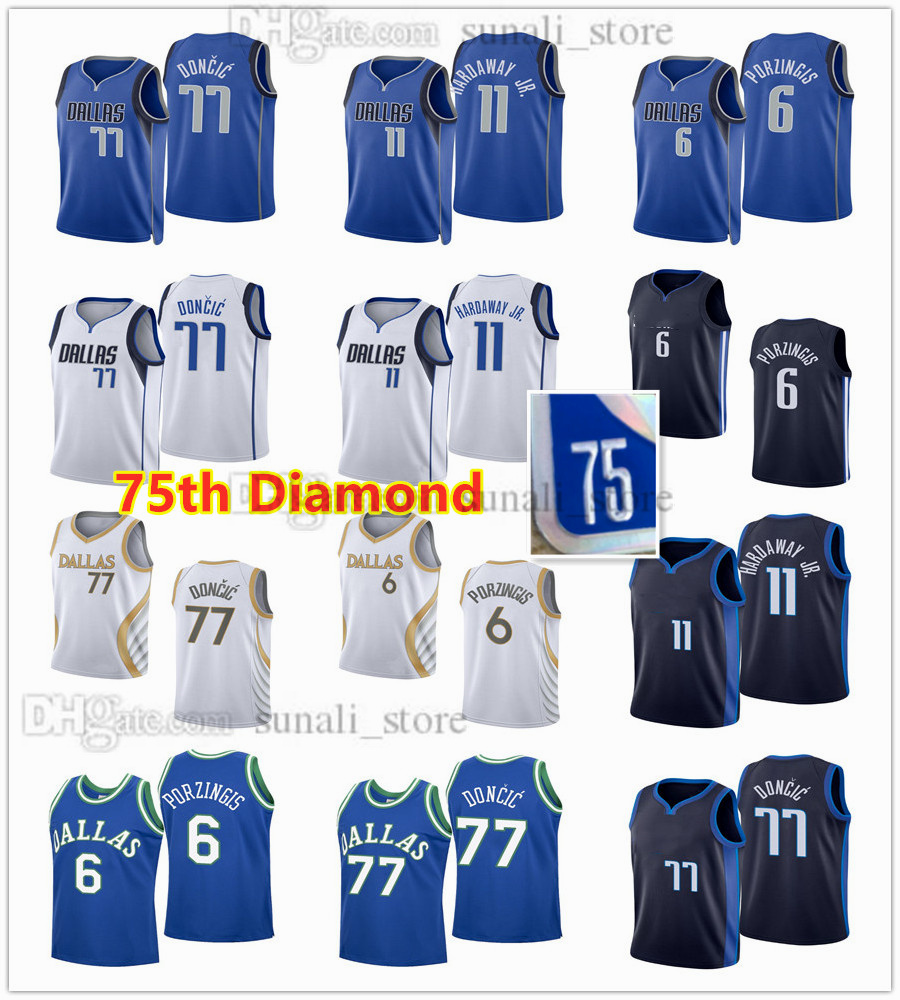

75th Anniversary Diamond Basketball Jerseys 2021/22 Luka Doncic 77 Tim Hardaway Jr. 11 Kristaps Porzingis 6 Men Women Kids Youth, White