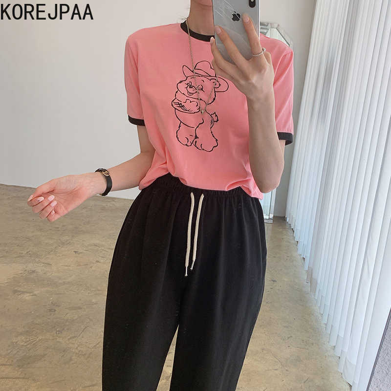 

Korejpaa Women Sets Summer Korean Chic Contrast Color Bear Print Short-Sleeved T-Shirt High-Waisted Casual Leggings Trouser 210526
