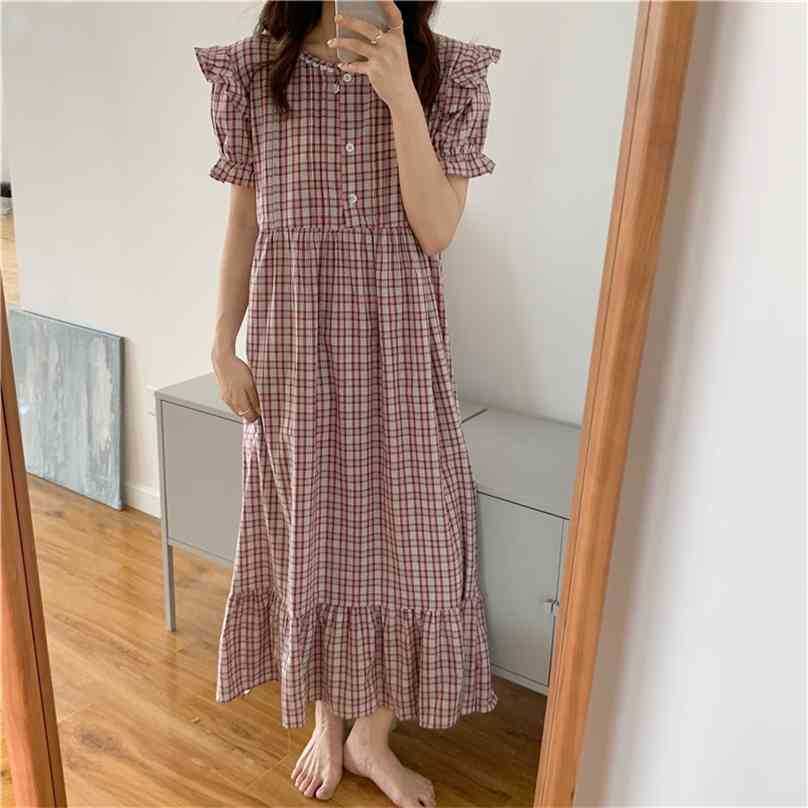 

Chic Plaid Homewear Summer Loose Prom Casual Outwear Geometric Sweet Pajamas Cotton Sleepwear Nightdress 210525, Photo color