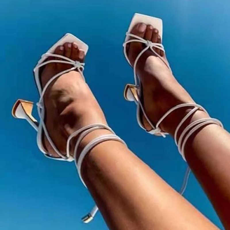 

Women Sandals Summer Slides Square Toe Shoes Strange Style Ladies Ankle Strap Tie Leg Female Pumps Fashion Women's 2021 Shoe Y0721, White