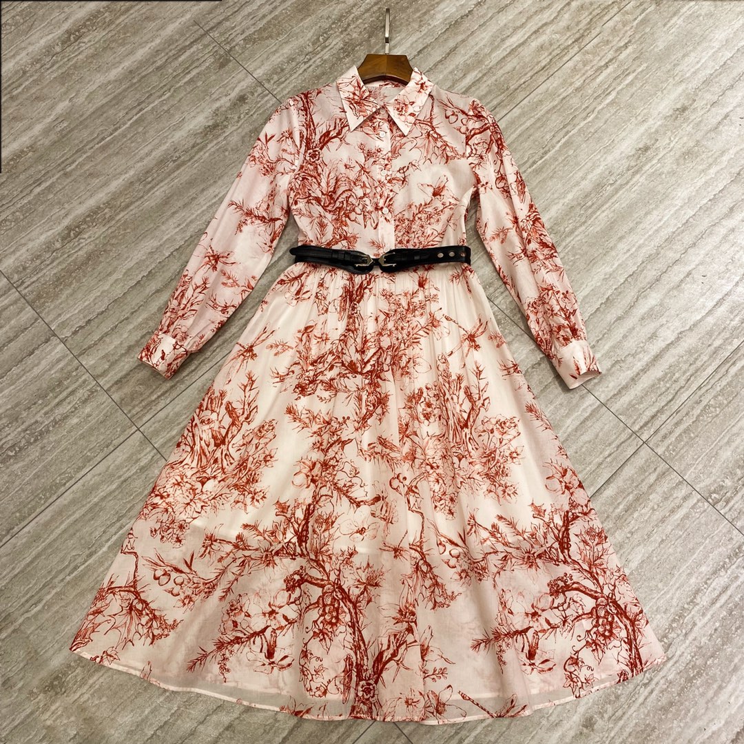 

2021 Blue/Red Striped Long Women Dress Designer Camera Print Long Sleeves 100% Cotton Vestidos De Festa With Belt 11203