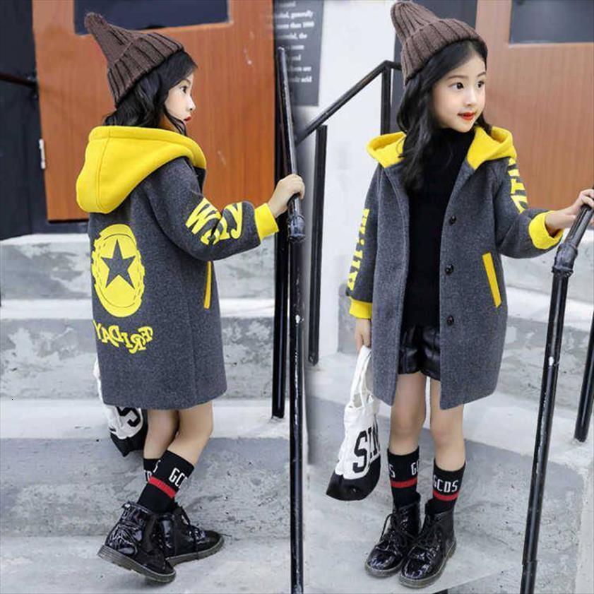

spring autumn woolen jacket for girls korean version fashion thicken coat mid length casual slim childrens clothing, Blue;gray