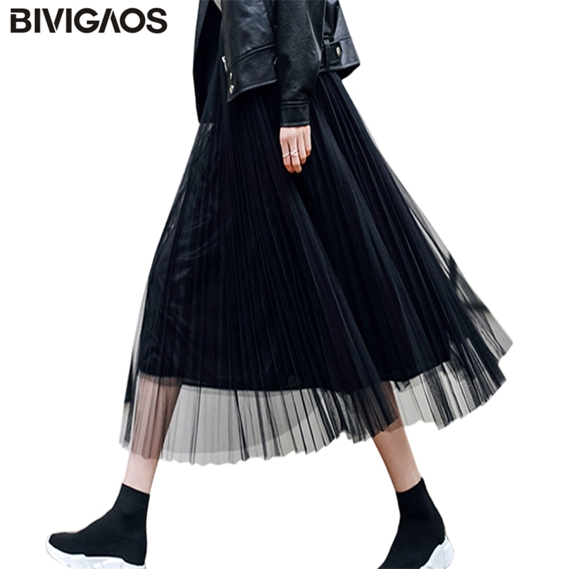 

BIVIGAOS Summer Women Tulle Skirt Pleated Black High Waist Midi s Thin Chiffon Mesh Yarn loose Long s 210629