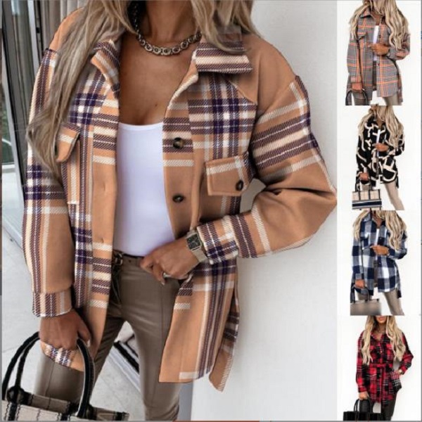 

Women' Jackets Stylish Brushed Plaid Pocketed Autumn Long Sleeve Flannel Lapel Button Down Shirt Pocket Sweatshirt, Gy