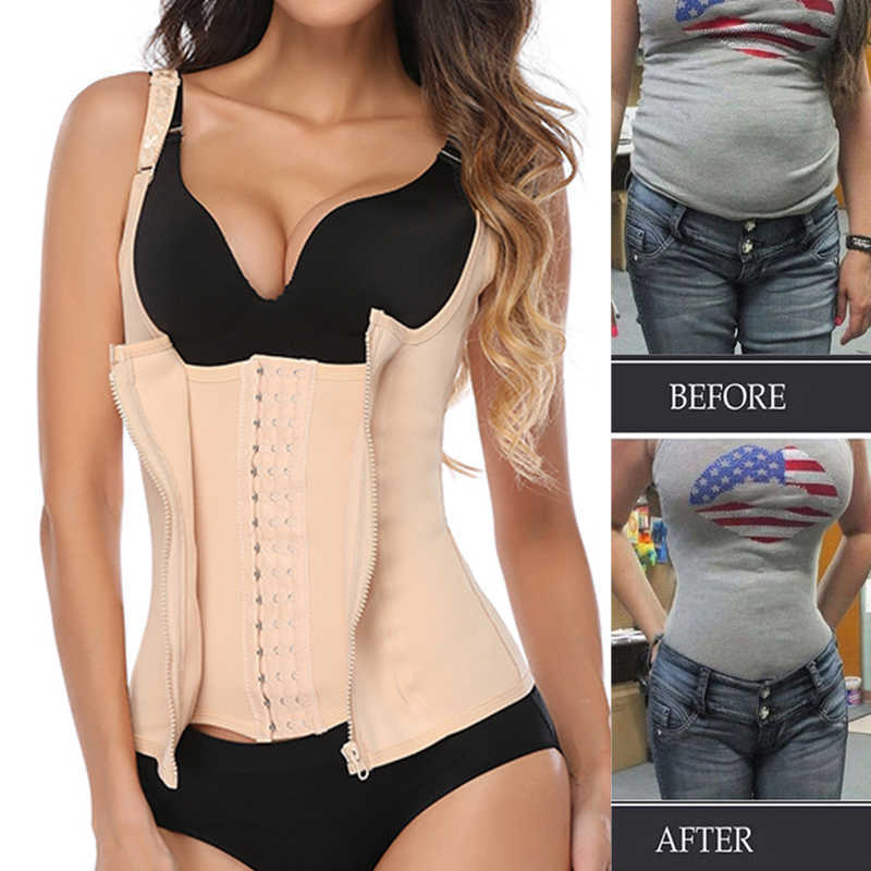 

Nylon Waist Trainer Body Shaper For Woman Bodysuit Slimming Double Closure Cincher Corset Push Up Vest Tummy Belly Girdle Modeling, Beige