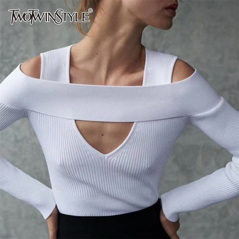 

Hollow Out Slim Sweater For Women Square Collar Long Sleeve Sexy White Sweaters Female Fashion Spring Stylish 210524, Black
