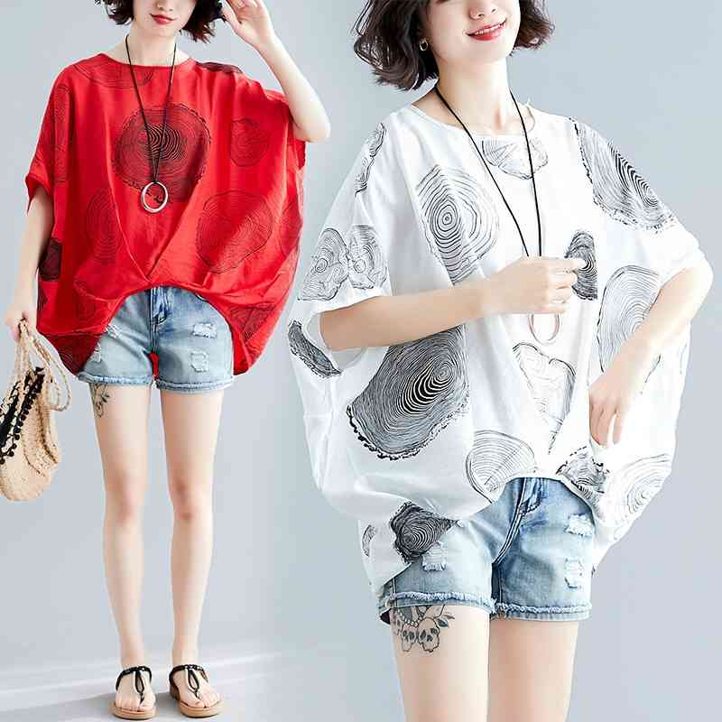 

Plus Size White Cotton Linen Top Womens Tops and Blouses Batwing Sleeve on Female Tunic Korean Style Thin Summer Shirts Blusas 210603, Red