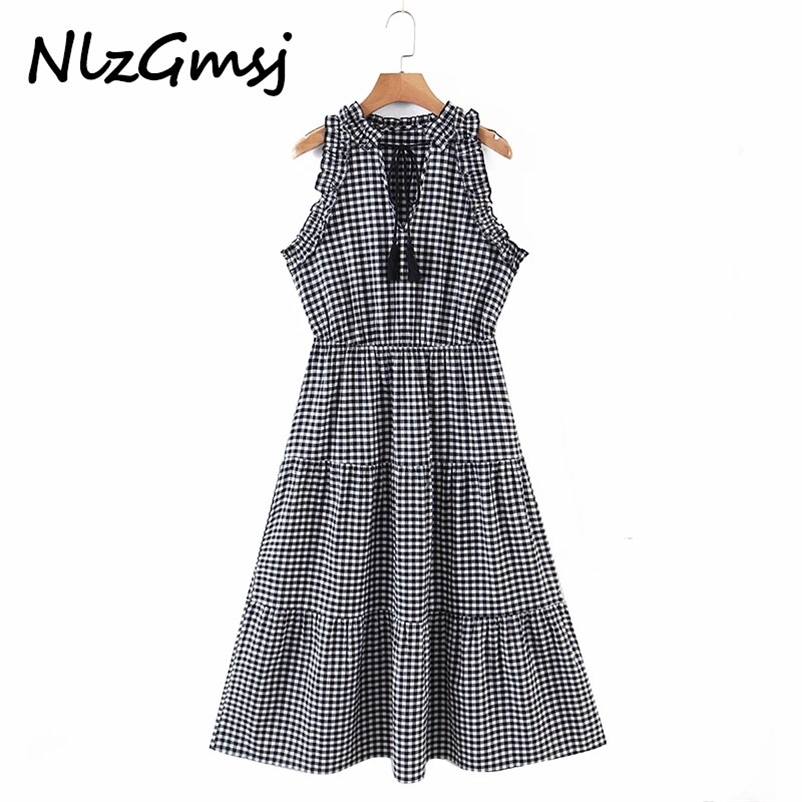 

Summer Chic Plaid Print Women Dress Vintage Sleeveless Draped Vestidos Spring Drawstring Shirt 05 210628, As picture