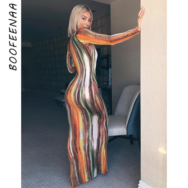 

BOOFEENAA Stripe Tie Dye Print Sexy Maxi Dress Spring 2021 Casual Long Dress Women Nightclub Long Sleeve Bodycon Dresses C70CC31, Gray