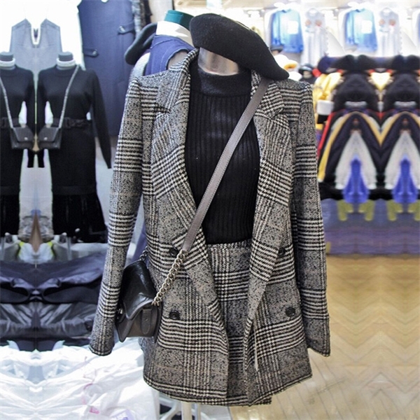 

cbafu autumn winter long sleeve jacket coat outwears plaid tweed skirts suit women 2 pieces sets suits n630, Gray