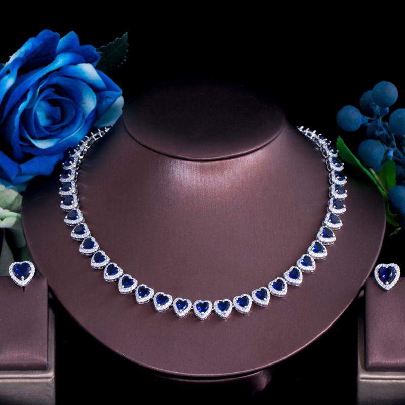

Earrings & Necklace ThreeGraces Beautiful Blue Cubic Zirconia Bridal Weding Prom Jewelry Set For Brides Luxurious Love Heart TZ648, As pic