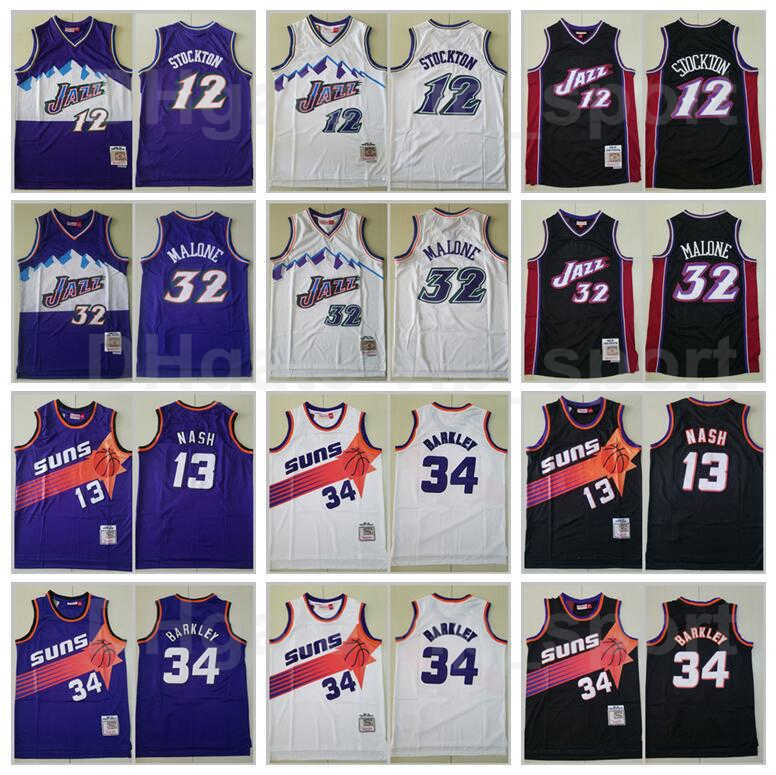 

Basketball Mitchell Ness Charles Barkley Jersey 34 Steve Nash 13 John Stockton 12 Karl Malone 32 Vintage Purple White Black High Quality, 12 black