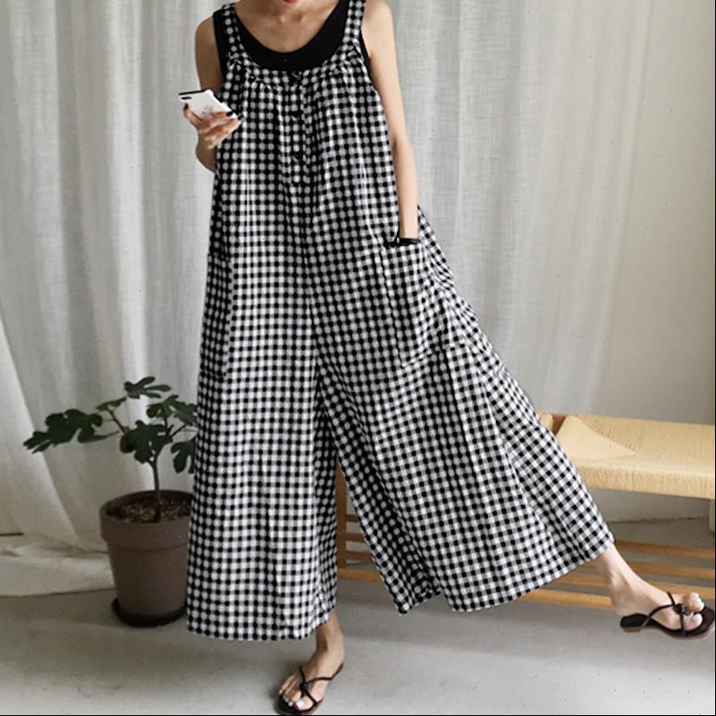

vintage plaid fashion wide leg women jumpsuit pants sleeveless casual loose playsuits plus size overall 5xl, Black;white