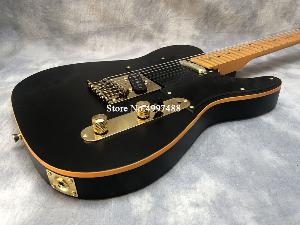 

Custom Shop Matte Black Tele Electric Guitar Yellow Binding, Tremolo Bridge, Maple Fingerboard, Dot Inlay, Gold Hardware