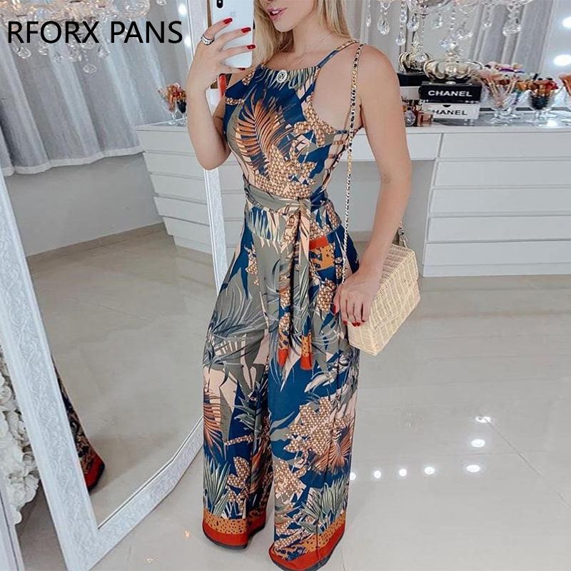 

Sleeveless Tropical Print Spaghetti Strap Jumpsuit, Blue