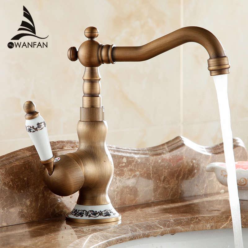 

Bathroom Sink Faucets Basin Antique Brass Deck Mounted Faucet Single Handle Swivel Spout Cold Water Mixer Tap AL-9212F