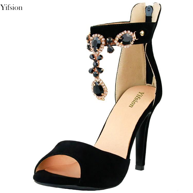 

Olomm Women Elegant Sandals Crystal Sexy Thin High Heels Fashion Open Toe Black Prom Shoes US Plus Size 4-15