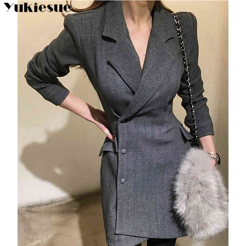 

Spring Suit Blazer Women Casual Pocket Long Dress Jacket Elegant Sleeve Outerwear Plus size 210518, Black
