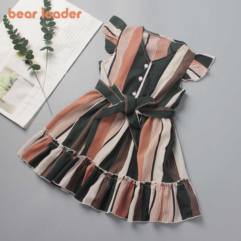 

Bear Leader Girls Fashion Striped Dresses Summer Girl Baby Sleeveless Clothes Kids Bowtie Sashes Costumes Ruffles Clothing 210708, Ah4482 brown