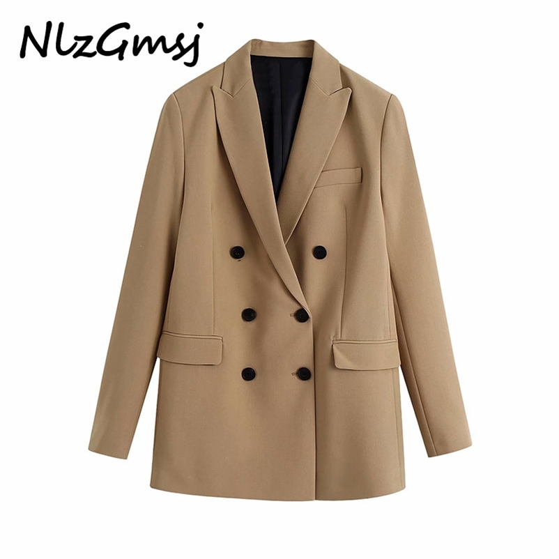 

Women Fashion Office Wear Double Breasted Blazers Coat Vintage Long Sleeve Pockets Female Outerwear Chic Tops 210628, As picture