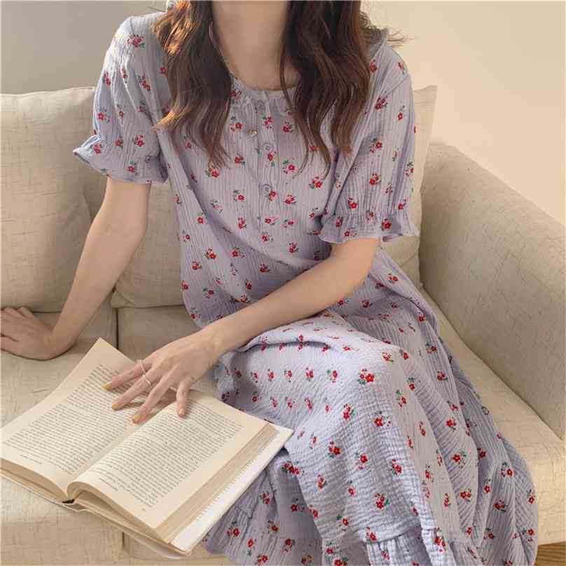 

Printed Chic Florals Sleepwear Girls Homewear Dress Pajamas Loose Cotton Sweet Princess Summer Nightdress 210525, Blue