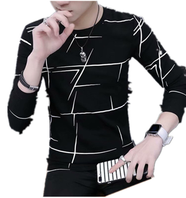 

Mens T Shirts Autumn Winter Long Sleeve Stripe Shirt New O-Neck Casual Pink White Black