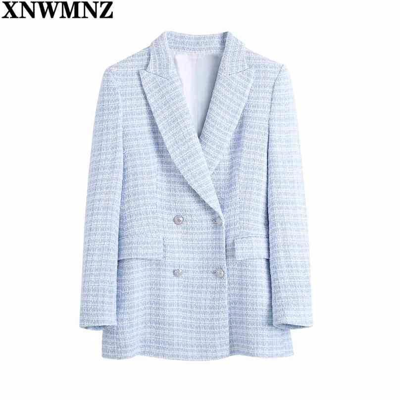 

Women Stylish Blue textured check Blazer Female Turn-down Collar long Sleeve double-breasted pockets Coat Outerwear 210520, Sky blue
