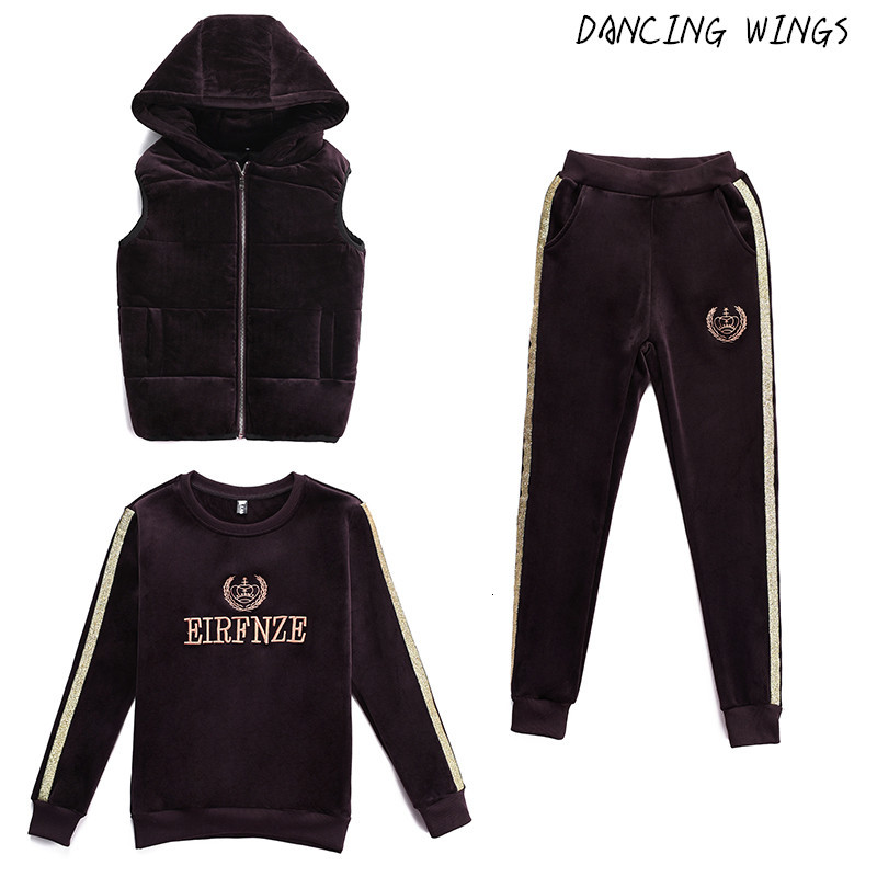 

Women's Tracksuits Sporting Suit 2021 Winter Thicken Sportswear Gold Velvet Embroidery Hoodies+Pants+Vest 3 Piece Set Warm 3QG6, Purple red 3 pieces