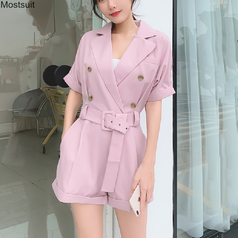 

Elegant Summer Short Sleeve Playsuits For Women Bodycon High Waist Notched Belt Wide Leg Ladies Koreab 210518, Beige