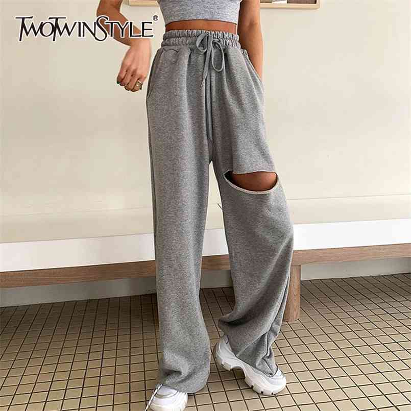 

Casual Asymmetrical Women Full Length Pants High Waist Lace Up Bow Ripped Hole Wide Leg Pant For Female Clothes 210521, Black