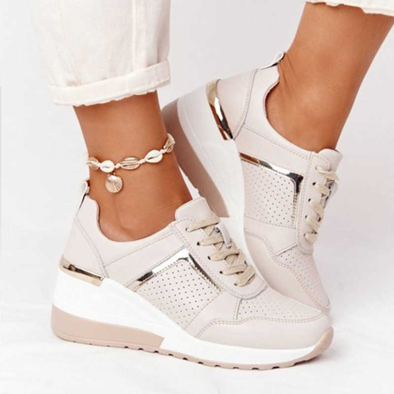 

2021 New Wedge Sneakers Women Lace-up Height Increasing Sports Shoes Ladies Casual Platform Air Cushion Comfy Vulcanized Shoes Y0907, Grey