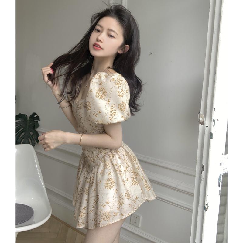 

Casual Dresses Slim Sexy High Waist Square Collar Puff Short Sleeve Irregular Dress Mini Fashion Floral Print Denim Ball Gowns Vestido Pleat, Black;gray