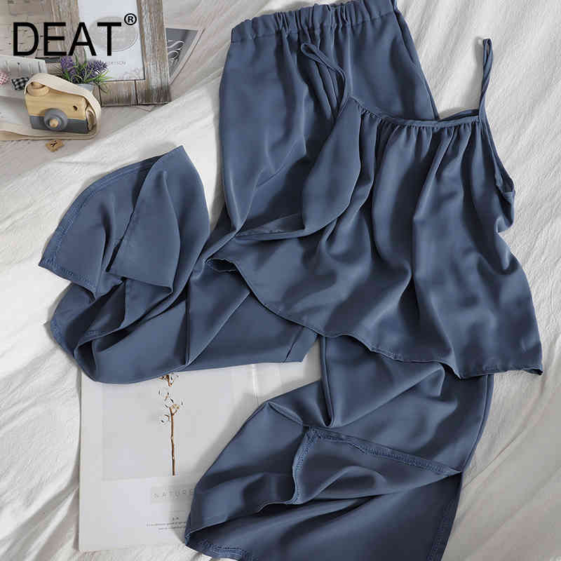 

Spring Summer Fashion Casual Suspender Top + Wide Leg Pants Split Pants, Soft Two Piece Suit For Women SK106 210525, Blue