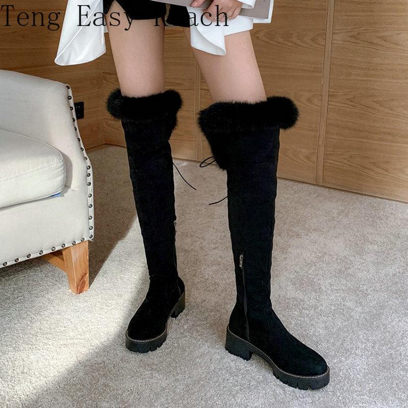 

Boots 2021 Winter Warm Faux Suede Long Womens Over-the-knee Chunky Middle Heels Woman Overknees Snow With Fur Plush, Black