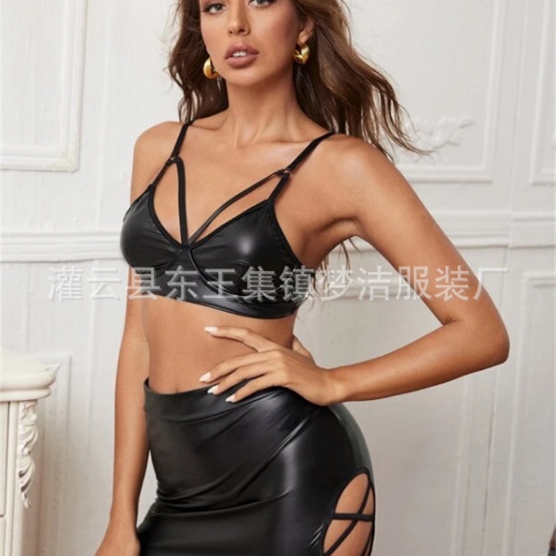 

New sexy underwear Black Sexy patent leather split suit