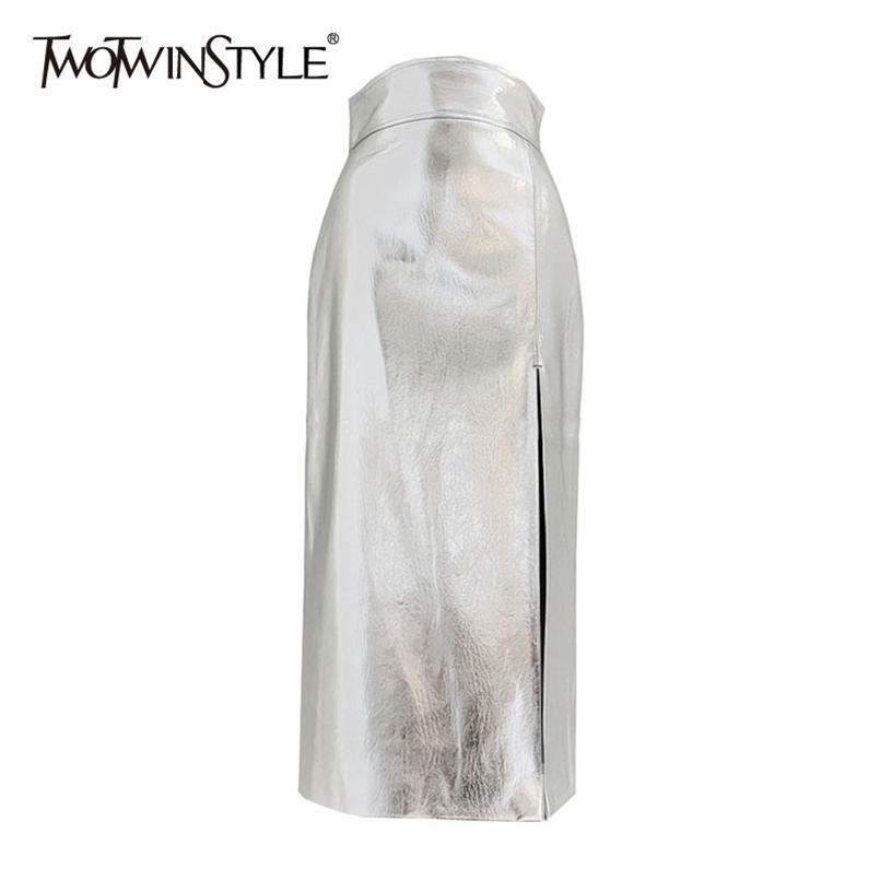 

PU Leather Midi Skirt For Women High Waist Split Slim Bodycon Korean Skirts Female Fashion Spring 210521, Black
